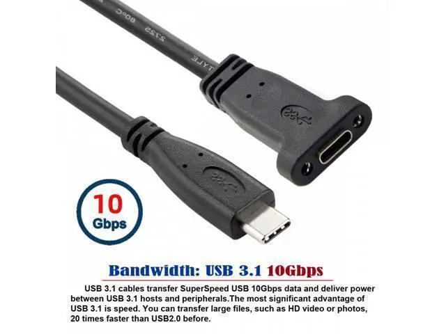 Alt view image 2 of 7 - USB-C USB 3.1 Type-C Male to Female Extension Data Cable with Panel Mount Screw Hole