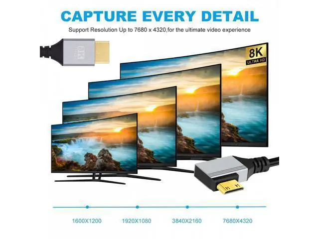 Alt view image 7 of 7 - 90 Degree Right Angled Mini HDMI 2.1 Ultra Thin HDTV Cable 8K 4K Hyper Super Flexible Slim Cord Type-A to Type-C for Camera HDTV