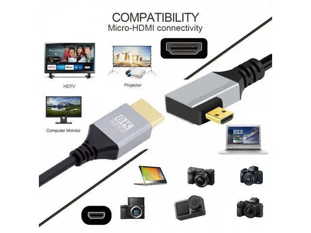Alt view image 7 of 7 - 90 Degree Left Angled Micro HDMI 2.1 Ultra Thin HDTV Cable 8K 4K Hyper Super Flexible Slim Cord Type-A to Type-D for Camera HDTV