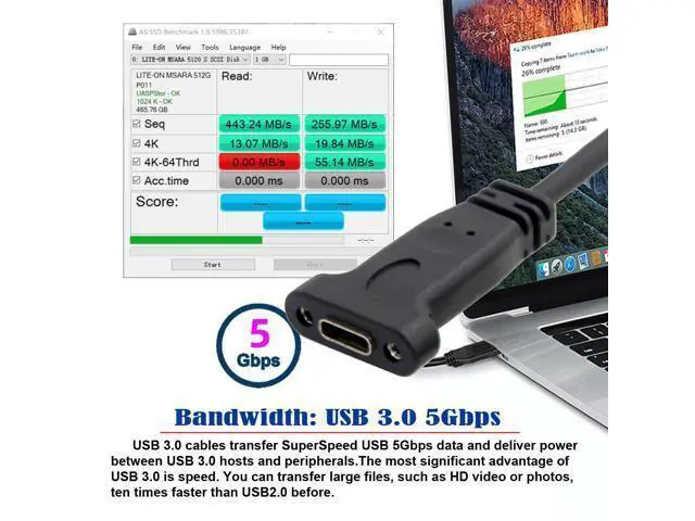 Alt view image 2 of 7 - USB-C USB 3.1 Type-C Female to USB 3.0 A Male Data 5Gbps Cable (20cm) with Panel Mount Screw Hole