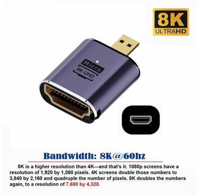 Alt view image 2 of 7 - Micro HDMI Male to HDMI 2.1 Female UHD Extension Gold Converter Adapter Support 8K 60hz HDTV