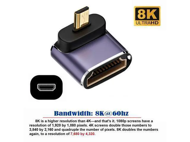 Alt view image 2 of 7 - HKCY Down Angled Micro HDMI Male to HDMI 2.1 Female UHD Extension Gold Converter Adapter Support 8K 60hz HDTV