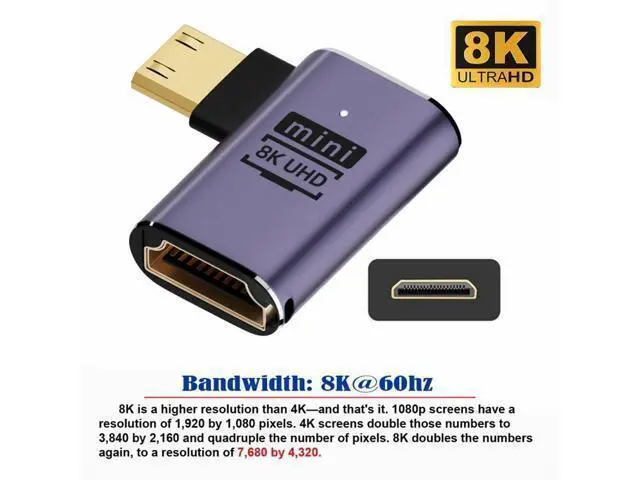 Alt view image 2 of 7 - Right Angled Mini HDMI Male to HDMI 2.1 Female UHD Extension Gold Converter Adapter Support 8K 60hz HDTV
