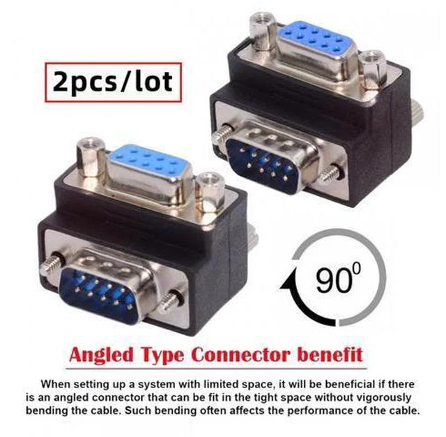 Alt view image 5 of 7 - Cable 2pcs/lot Up & Down Angled 90 Degree RS232 D-Sub 9Pin Screw Type Male to Female Nut Type Extension Adapter