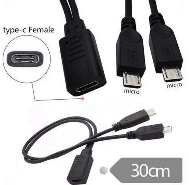 Alt view image 3 of 7 - Type-C USB-C Female DC 5V to Dual Micro USB 5Pin Male Splitter Extension Charge Cable