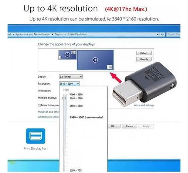 Alt view image 5 of 7 - CY Mini-DP Virtual Display Adapter Mini Displayport Dummy Plug Headless Ghost Emulator 4K@17hz with LED Light Blue