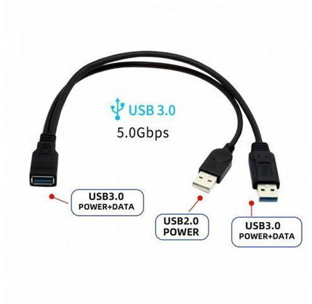 Alt view image 4 of 7 - Black USB 3.0 Female to Dual USB Male Extra Power Data Y Extension Cable for 2.5" Mobile Hard Disk