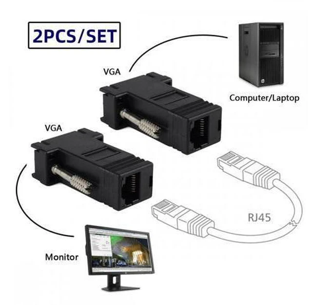 Alt view image 3 of 7 - 2pcs/set VGA RGB Male to Male over Cat6 Cat5e RJ45 Female Ethernet Modualr Adapter for Computer Monitor