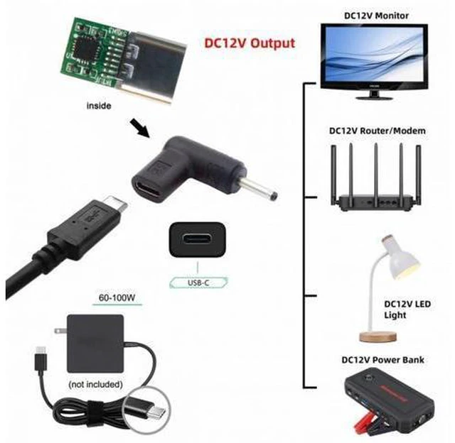 Alt view image 7 of 7 - USB 3.1 Type-C USB-C Female to DC 12V 3.5x1.3mm Plug Adapter PD Emulator Trigger 90 Degree Angled