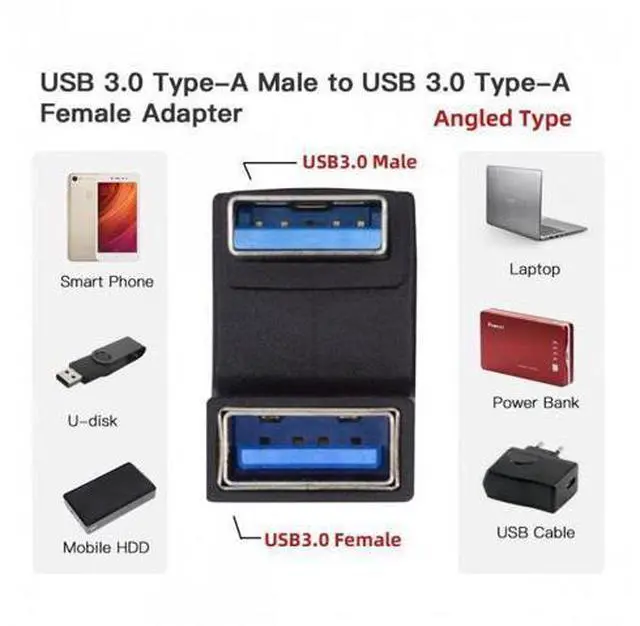 Alt view image 5 of 6 - HKCY U3-018-OS 10Gbps USB3.0 Male to Female Extension Power Data Video Adapter Opposite U Shape Back Angled