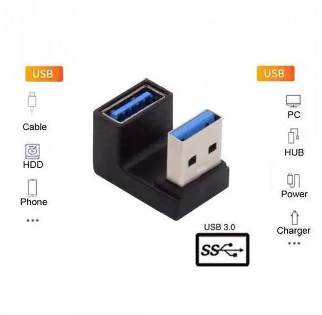 Alt view image 6 of 6 - HKCY U3-018-OS 10Gbps USB3.0 Male to Female Extension Power Data Video Adapter Opposite U Shape Back Angled