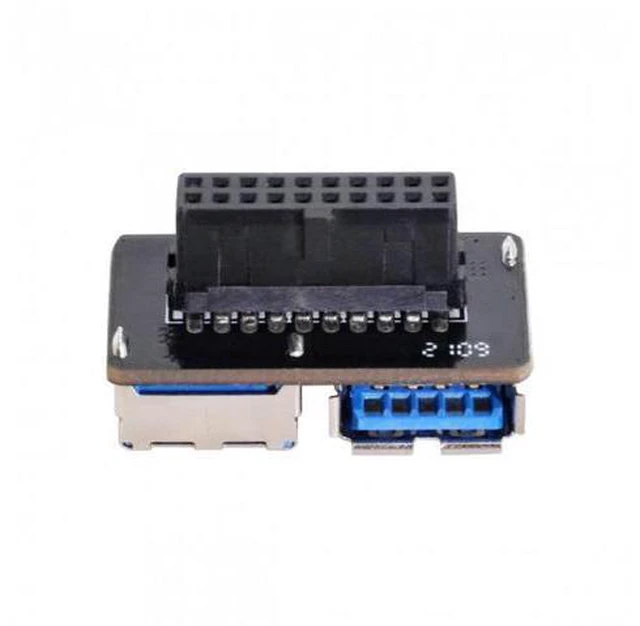Alt view image 2 of 7 - HKCY U3-056 Dual USB 3.0 A Type Female to Motherboard 20/19 Pin Box Header Slot Adapter PCBA Flat Type