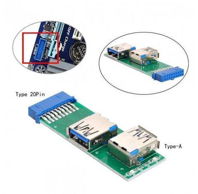 Alt view image 6 of 7 - HKCY U3-071 Dual Side USB 3.0 A Type Female to Motherboard 20Pin 19 Pin Box Header Slot Adapter PCBA with LED