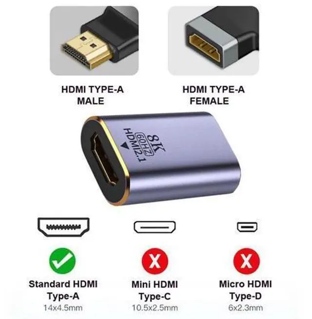 Alt view image 2 of 6 - HKCY HD-008-8K HDMI Female to HDMI 2.1 Female UHD Extension Gold Converter Adapter Support 8K 60hz HDTV