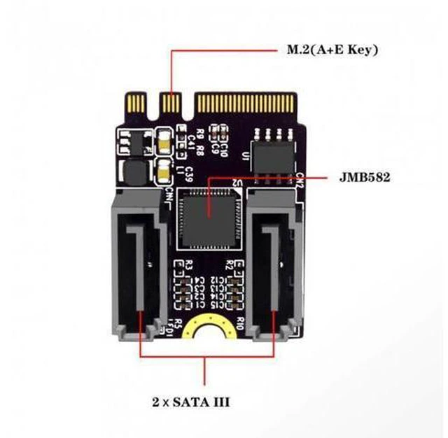 Main image of NGFF Key A+E PCI Express to SATA 3.0 6Gbps Dual Ports Adapter Converter Hard Drive Extension Card JMB582 2230
