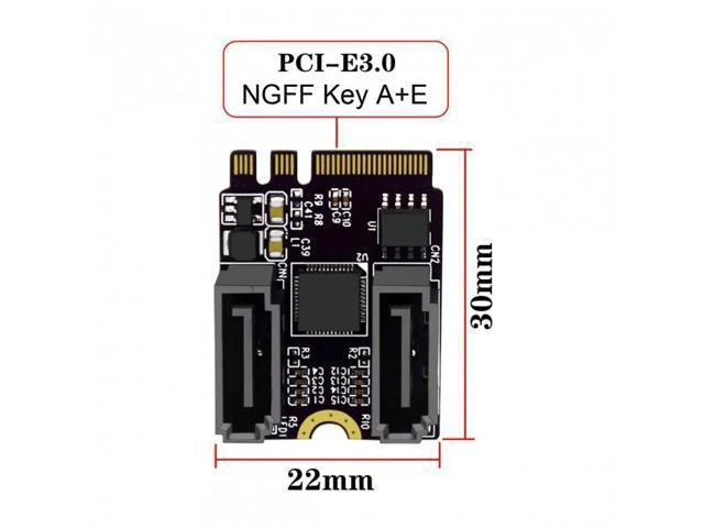 Alt view image 2 of 5 - NGFF Key A+E PCI Express to SATA 3.0 6Gbps Dual Ports Adapter Converter Hard Drive Extension Card JMB582 2230
