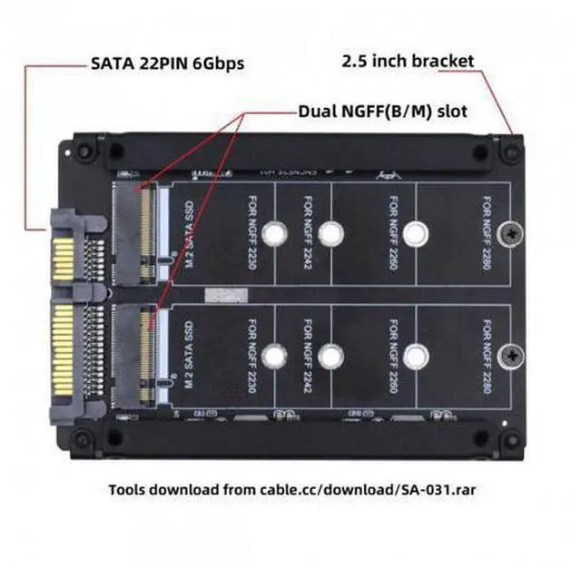 Alt view image 5 of 7 - HKCY SA-031 Dual NGFF B+M Key M.2 SSD Card JOBD Raid0 Span Bridge to 2.5inch SATA Combo HDD Disk Drive Enclosure