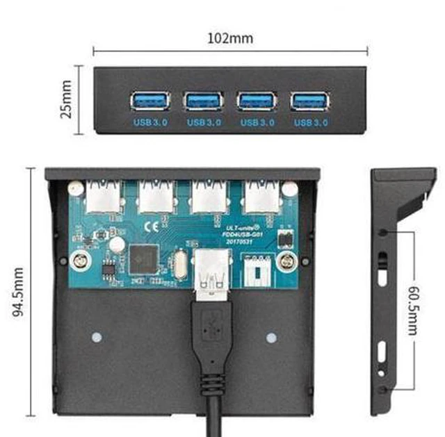 Alt view image 2 of 6 - HKCY U3-096 USB 3.0 HUB 4 Ports Front Panel to Motherboard 20Pin Connector Cable for 3.5" Floppy Bay