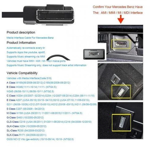 Alt view image 2 of 7 - AMI MDI to 3.5mm Audio AUX Male Music Cable Compatible with Benz 2008-2016 Music Interface 1.3m