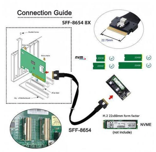 Alt view image 3 of 7 - HKCY SA-016-2P Dual Slimline SFF-8654 8X 4 NVME to PCIE Express 3.0 4.0 Raid Card VROC Raid0 Hyper Adapter
