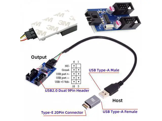 Alt view image 5 of 7 - USB 3.1 Front Panel Header Male Type-E to USB 2.0 Type-A Male 1 to 2 Female Motherboard 9pin 10pinHeader HUB Adapter Port Multiplier