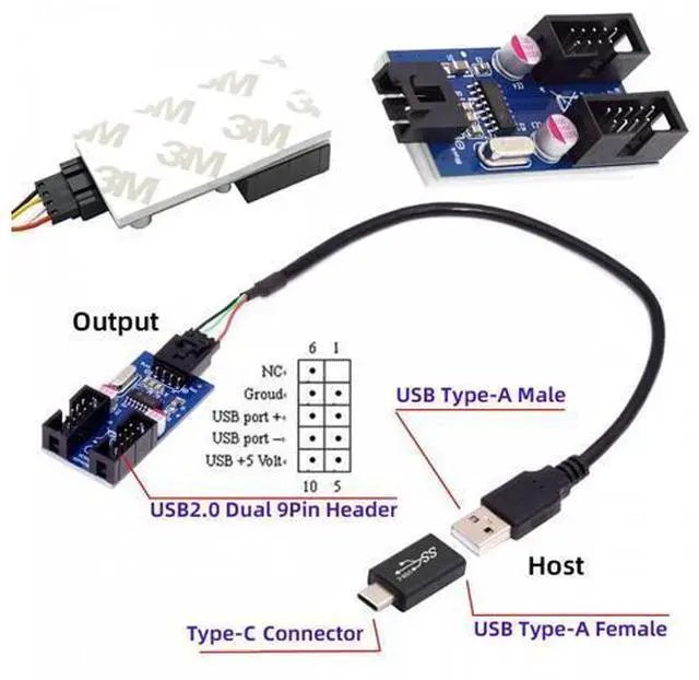 Alt view image 5 of 7 - USB 3.1 Male Type-C USB-C to USB 2.0 Type-A Male 1 to 2 Female Motherboard 9pin 10pinHeader HUB Adapter Port Multiplier