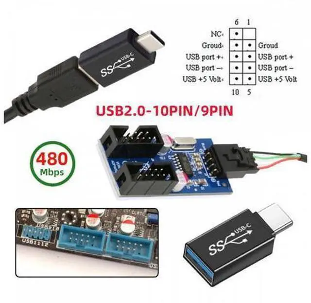 Alt view image 7 of 7 - USB 3.1 Male Type-C USB-C to USB 2.0 Type-A Male 1 to 2 Female Motherboard 9pin 10pinHeader HUB Adapter Port Multiplier