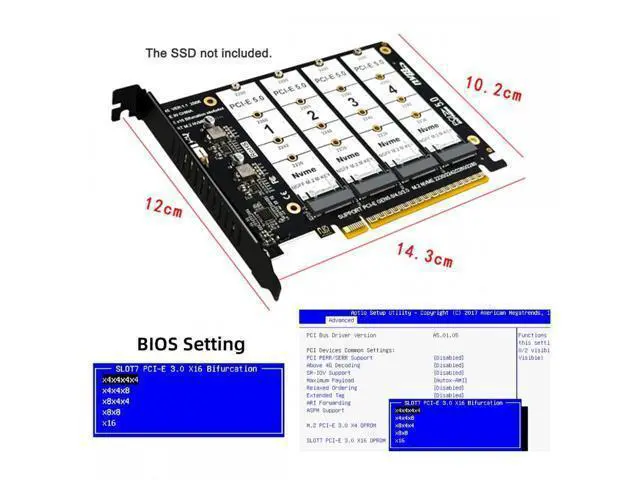 Alt view image 3 of 7 - 4X NVME M.2 NGFF SSD to Detachable Bifurcation PCIE Express 5.0 Gen5 Gen4 X16 Raid Card VROC Raid0 Hyper Adapter SA-024-NV004