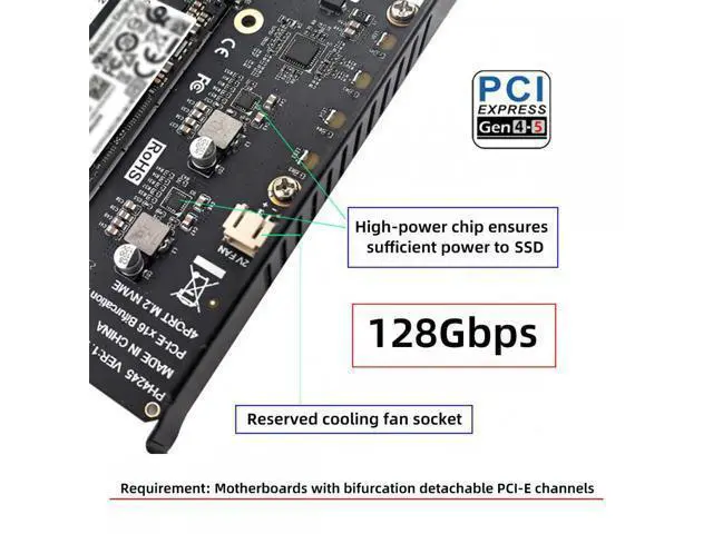 Alt view image 2 of 7 - 4X NVME M.2 NGFF SSD to Detachable Bifurcation PCIE Express 5.0 Gen5 Gen4 X16 Raid Card VROC Raid0 Hyper Adapter SA-024-NV004