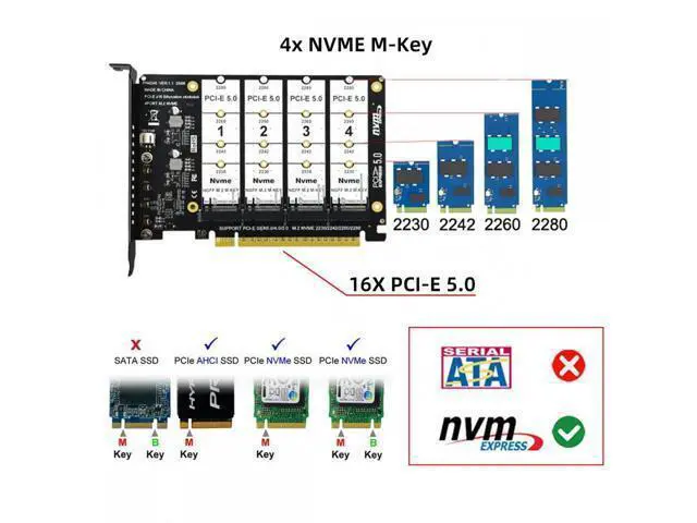 Alt view image 4 of 7 - 4X NVME M.2 NGFF SSD to Detachable Bifurcation PCIE Express 5.0 Gen5 Gen4 X16 Raid Card VROC Raid0 Hyper Adapter SA-024-NV004