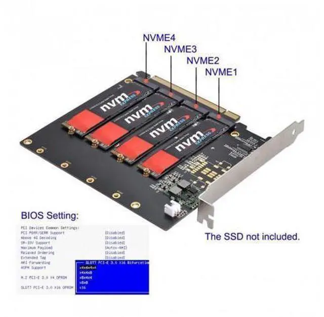 Alt view image 7 of 7 - HKCY SA-030 4X NVME M.2 AHCI to PCI-E Express 3.0 Gen3 X16 Raid Card with Fan VROC Raid0 Hyper Adapter