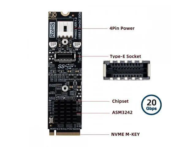 Alt view image 2 of 7 - 20Gbps Type-E USB 3.1 Front Panel Socket to NVME NGFF M-Key Express Card Adapter ASM3242 Chipset for Motherboard EP-020-20G