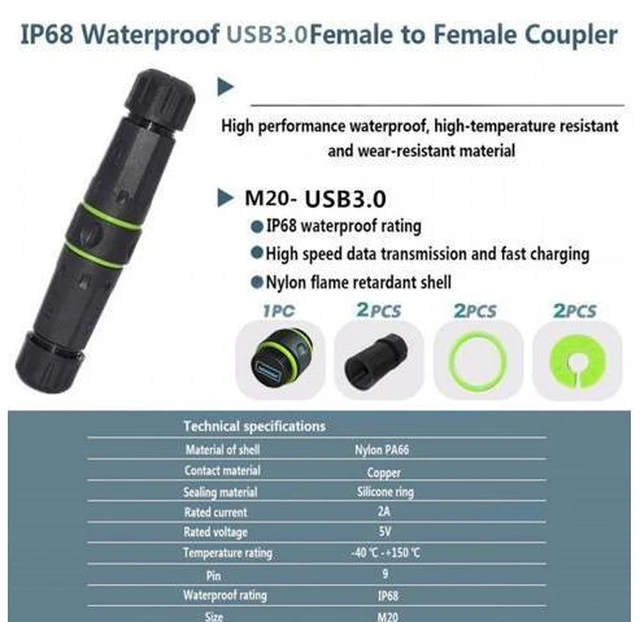 Alt view image 3 of 7 - M20 Locking IP68 Waterproof Type-A USB3.0 5Gbps USB-A Female to USB-A Female Extension Adapter Coupler