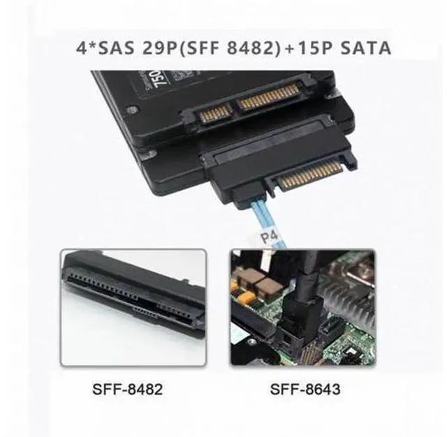 Alt view image 7 of 7 - Internal 36 Pin Mini SAS SFF-8087 Host to 4 SFF-8482 Target SAS Hard Disk and SATA Power Cable 50cm