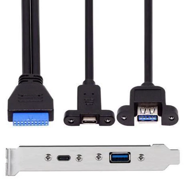 Alt view image 2 of 7 - HKCY USB3.0 Motherboard 19/20Pin to USB-C Type-C & USB 3.0 Dual Ports Female PCI-E Back Panel 5Gbps Cable
