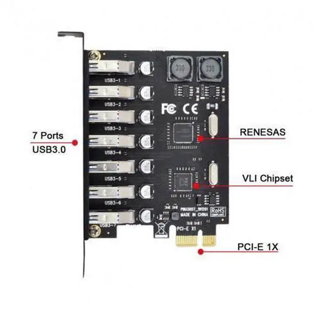 Alt view image 4 of 7 - 7 Ports PCI-E to USB 3.0 HUB PCI Express Expansion Card Adapter 5Gbps for Motherboard