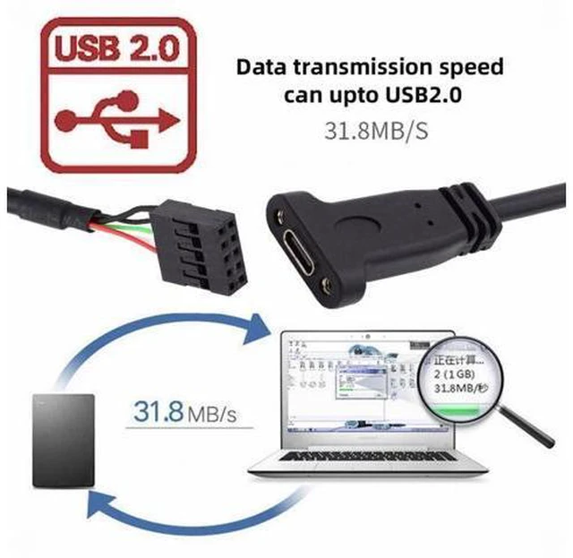 Alt view image 2 of 7 - Single Port USB 3.1 Type-C USB-C Female to USB 2.0 Motherboard 9pin 10pin Header Cable (20cm) with Bracket