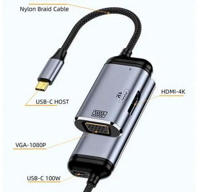 Alt view image 2 of 7 - Type-C USB-C to HDMI VGA Converter HDTV Multiport Displays Adapter 4K 60hz 1080p with Female PD 100W Power Port