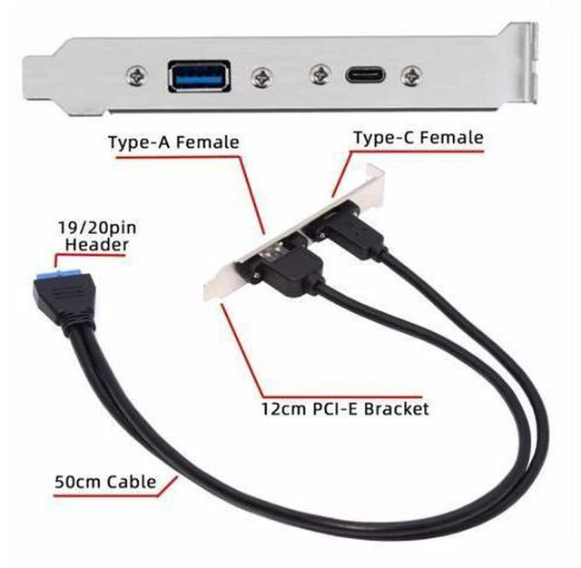 Alt view image 2 of 7 - USB3.0 Motherboard 19/20Pin to Type-C USB-C & USB 3.0 Dual Ports Female PCI-E Back Panel 5Gbps Cable