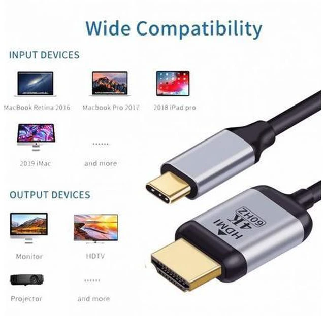 Alt view image 7 of 7 - USB 3.1 Type-C USB-C Source to HDMI HDTV Displays Male 4K Monitor Cable for Laptop 1.8m