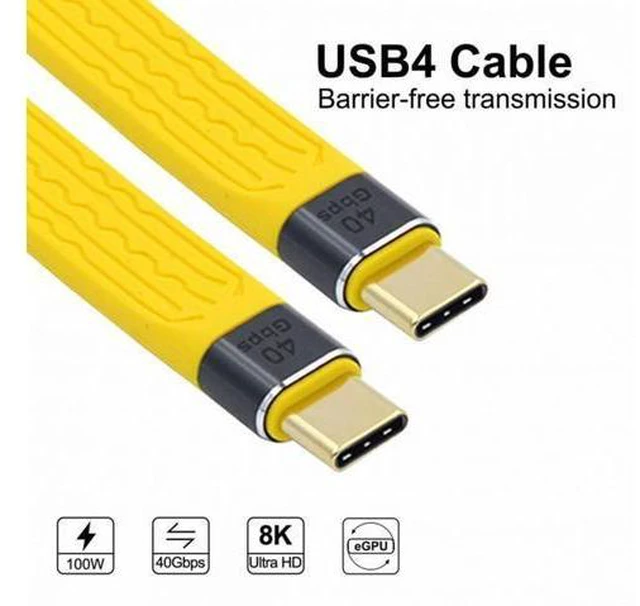 Alt view image 2 of 7 - Yellow Type-C USB-C Male to Male USB4 40Gbps 100W 8K Flat Slim FPC Data Cable for Laptop Phone 13cm