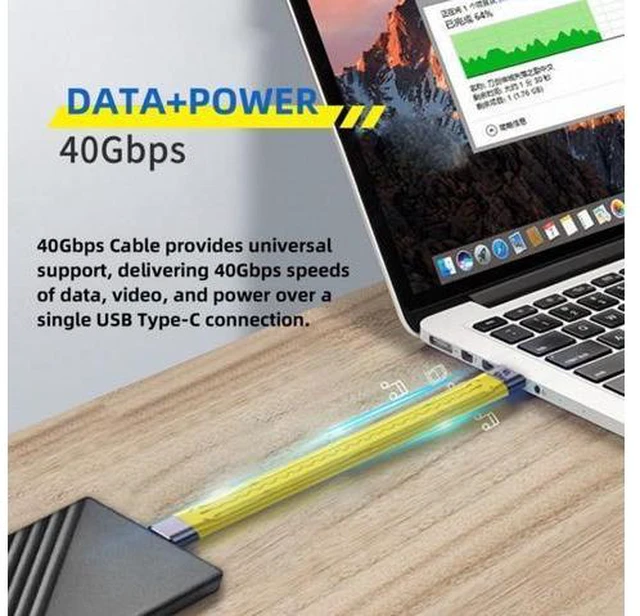 Alt view image 4 of 7 - Yellow Type-C USB-C Male to Male USB4 40Gbps 100W 8K Flat Slim FPC Data Cable for Laptop Phone 13cm