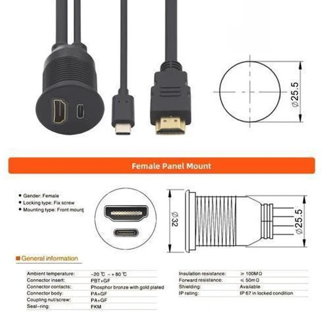 Alt view image 5 of 7 - HKCY Waterproof Dustproof USB-C Type-C USB 3.1 &HDMI 4K Extension Flush Car Latch Mount Extension Cable for Dashboard Panel
