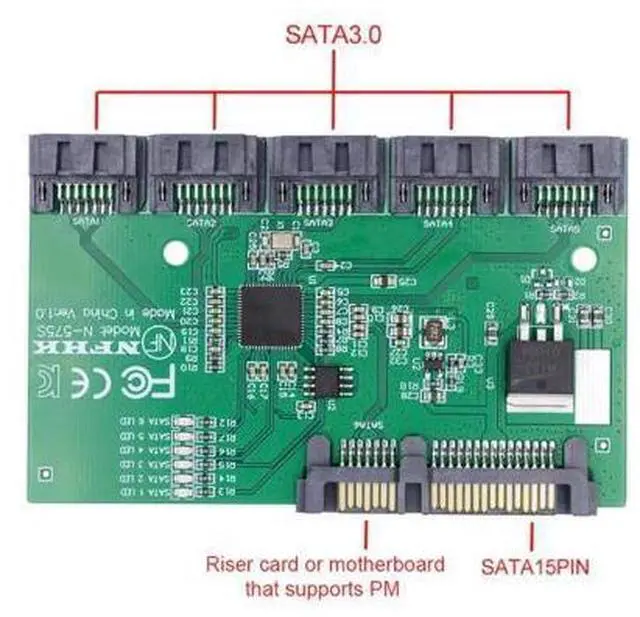 Alt view image 5 of 7 - HKCY SATA 3.0 6Gbps 1 to 5 Splitter Ports HUB Adapter Converter PM Multiplier Port Selector JMB575