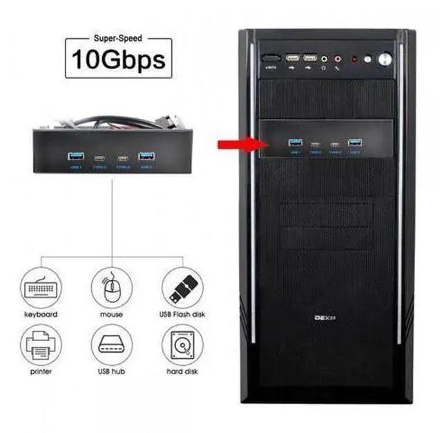 Alt view image 4 of 7 - Cable 10Gbps USB 3.1 Type-A & Type-C HUB 4 Ports Front Panel to Motherboard Type-E Connector Cable 10Gbps for 5.25" CD-ROM Bay Tray