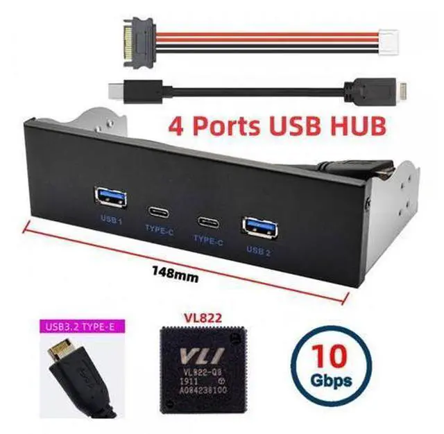 Alt view image 6 of 7 - Cable 10Gbps USB 3.1 Type-A & Type-C HUB 4 Ports Front Panel to Motherboard Type-E Connector Cable 10Gbps for 5.25" CD-ROM Bay Tray