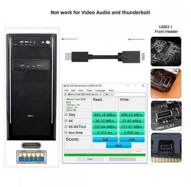 Alt view image 7 of 7 - Cable 10Gbps USB 3.1 Type-A & Type-C HUB 4 Ports Front Panel to Motherboard Type-E Connector Cable 10Gbps for 5.25" CD-ROM Bay Tray