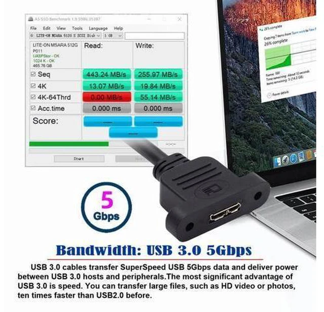 Alt view image 5 of 7 - HKCY Type-A USB 3.0 Male to Micro 3.0 Type-B Female Screw Mount Type Extension Cable 5Gbps