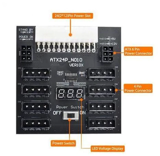 Alt view image 4 of 7 - ATX PSU Server Power Board 24Pin to IDE 8x 4Pin +2x 6Pin Power Supply Board for CHIA ETH BTC Mining Miner