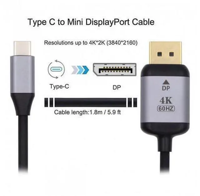 Alt view image 3 of 7 - HKCY UC-018-DPF USB 3.1 Type C USB-C Source to DisplayPort DP Displays Male 4K Monitor Cable for Laptop 1.8m